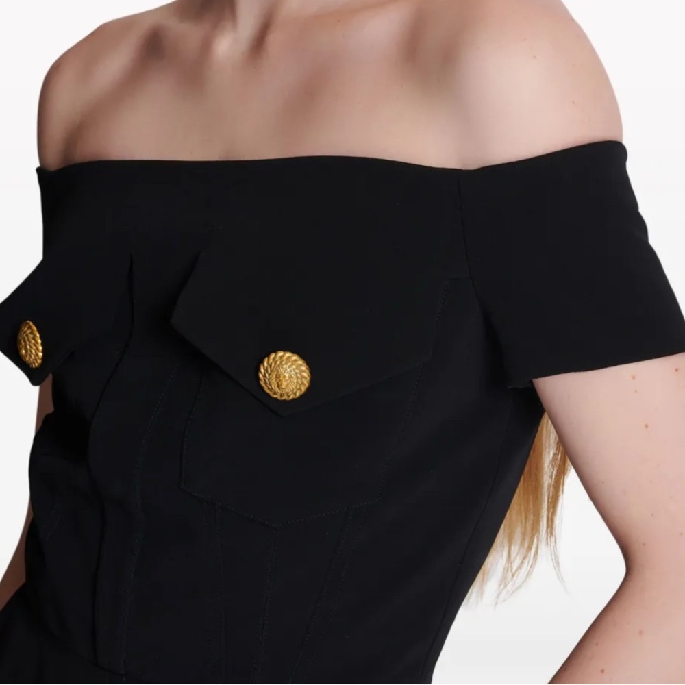 BALMAIN Black Off-Shoulder Jumpsuit with Gold Buttons - Picture 3 of 10